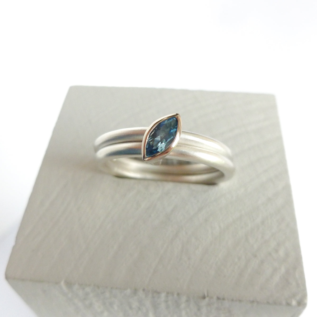 Unusual, unique, bespoke & modern silver ring aquamarine two band ring