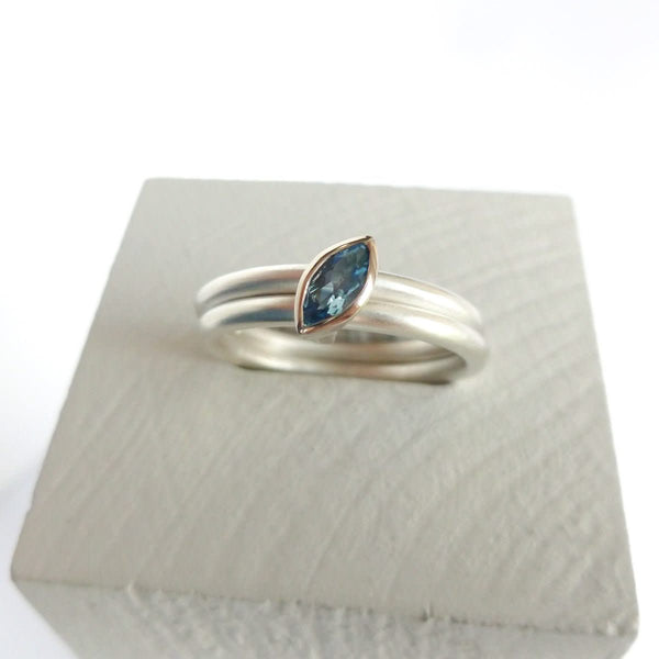 Unusual, unique, bespoke & modern silver ring aquamarine two band ring
