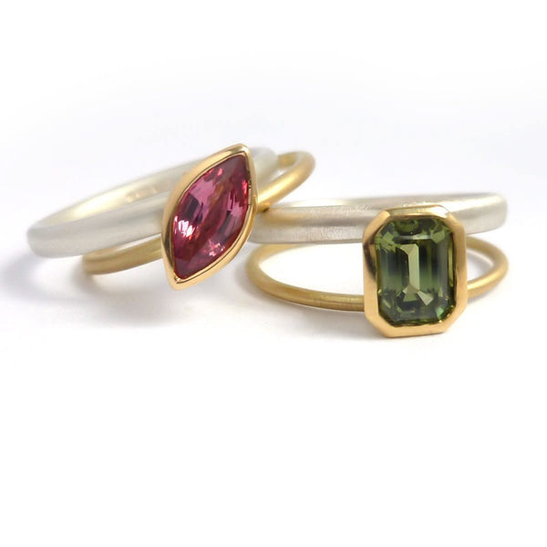 Octagonal green sapphire two tone dress or engagement ring - silver gold and contemporary.