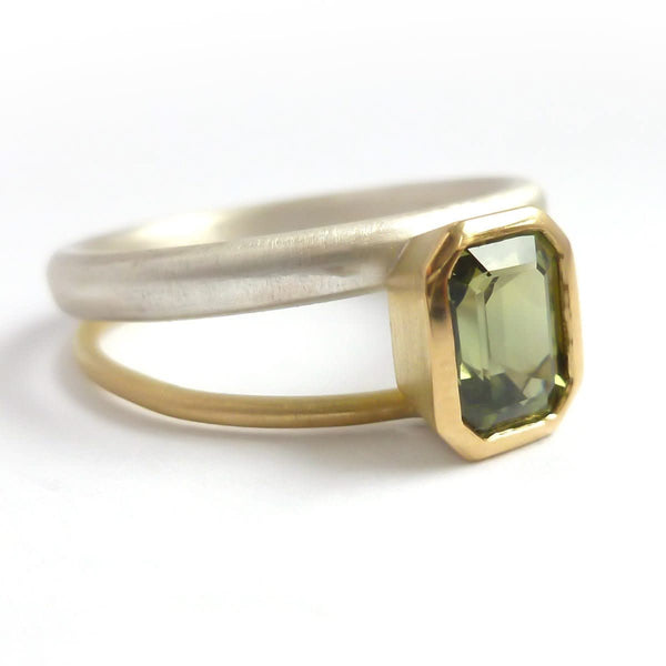 Octagonal green sapphire two tone dress or engagement ring - silver gold and contemporary.