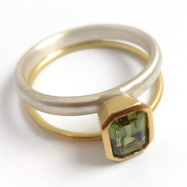 Octagonal green sapphire two tone dress or engagement ring - silver gold and contemporary.