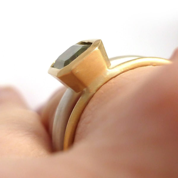 Octagonal green sapphire two tone dress or engagement ring - silver gold and contemporary.