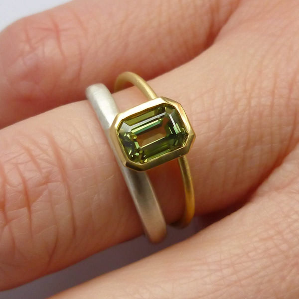 Octagonal green sapphire two tone dress or engagement ring - silver gold and contemporary.