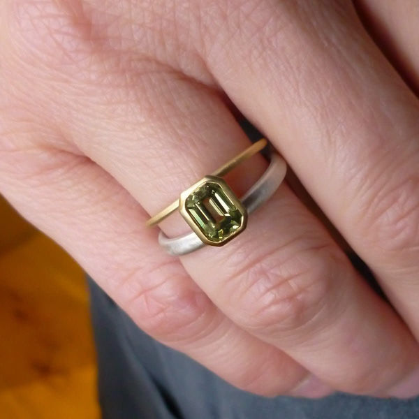 Octagonal green sapphire two tone dress or engagement ring - silver gold and contemporary.