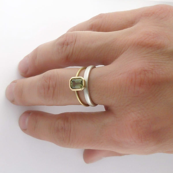 Octagonal green sapphire two tone dress or engagement ring - silver gold and contemporary.