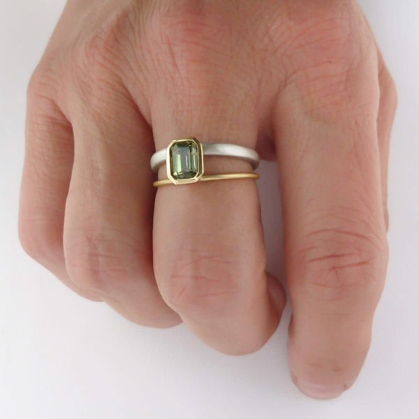 Octagonal green sapphire two tone dress or engagement ring - silver gold and contemporary.