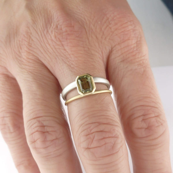 Octagonal green sapphire two tone dress or engagement ring - silver gold and contemporary.