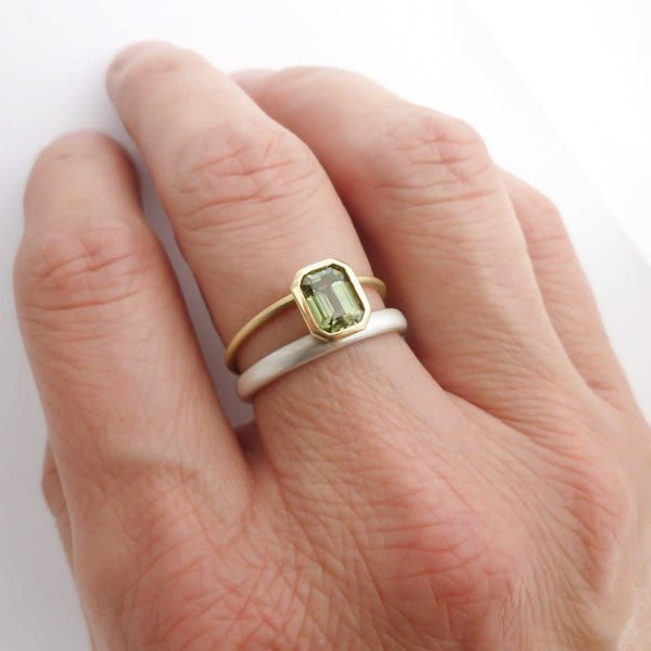 Octagonal green sapphire two tone dress or engagement ring - silver gold and contemporary.