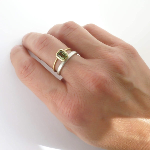 Octagonal green sapphire two tone dress or engagement ring - silver gold and contemporary.