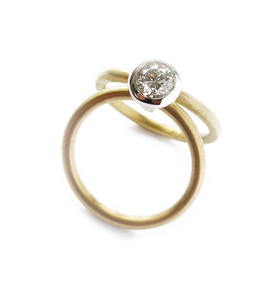 Contemporary, bespoke and modern 18k yellow gold and platinum diamond two band stacking wedding ring, engagement ring, matt brushed finish. Multi band ring or interlocking ring, sometimes called double band ring too.