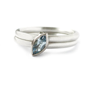 Contemporary, unusual, modern and bespoke wedding and engagement ring, stacking aquamarine ring handmade by Sue Lane Jewellery in the UK