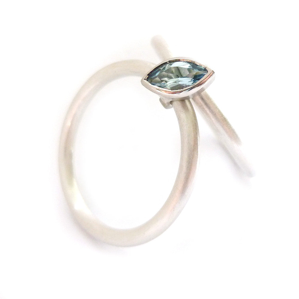 Contemporary, unusual, modern and bespoke wedding and engagement ring, stacking aquamarine ring handmade by Sue Lane Jewellery in the UK