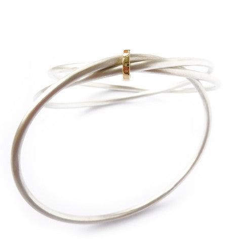 Unusual, unique, bespoke and modern silver and gold Russian style bangle with brushed finish. Handmade by Sue Lane Jewellery in Herefordshire, UK