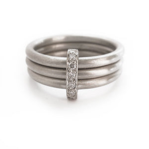 Unusual, unique, bespoke and modern platinum and diamond wedding ring, contemporary eternity ring, engagement ring, Handmade by Sue Lane in Herefordshire, UK. Multi band ring or interlocking ring, sometimes called triple band rings too.