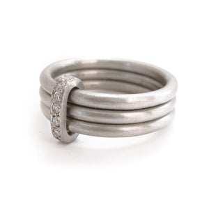 Unusual, unique, bespoke and modern platinum and diamond wedding ring, contemporary eternity ring, engagement ring, Handmade by Sue Lane in Herefordshire, UK. Multi band ring or interlocking ring, sometimes called triple band rings too.