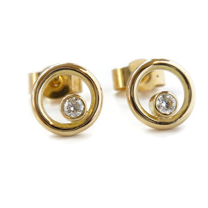 Contemporary and modern 18k yellow gold and diamond unique stud earrings handmade by Sue Lane jewellery UK