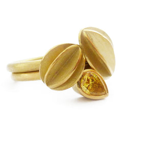 Unusual, unique, bespoke and modern statement gold yellow diamond stacking dress ring set handmade by designer maker Sue Lane contemporary Jewellery, UK