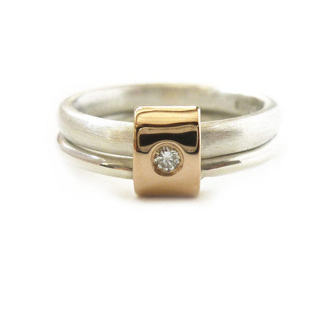 Unusual, unique, bespoke and modern two band silver, rose gold and diamond stacking ring with a brushed finish. Handmade by Sue Lane Contemporary Jewellery in Herefordshire, UK