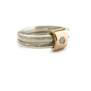 Unusual, unique, bespoke and modern two band silver, rose gold and diamond stacking ring with a brushed finish. Handmade by Sue Lane Contemporary Jewellery in Herefordshire, UK