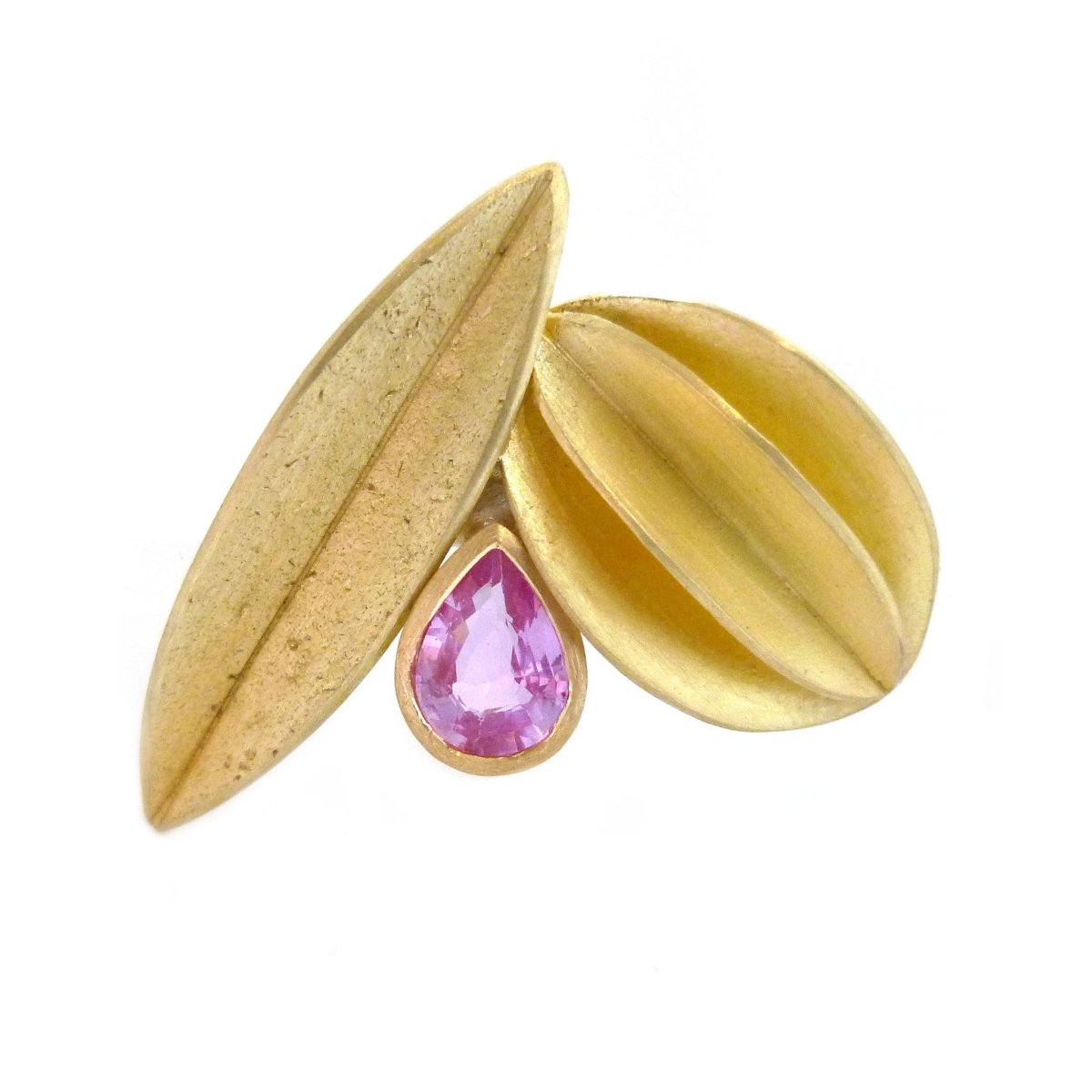 Unusual, unique, bespoke and modern statement gold and pear shape baby pink sapphire stacking ring set handmade by designer maker Sue Lane contemporary Jewellery, UK