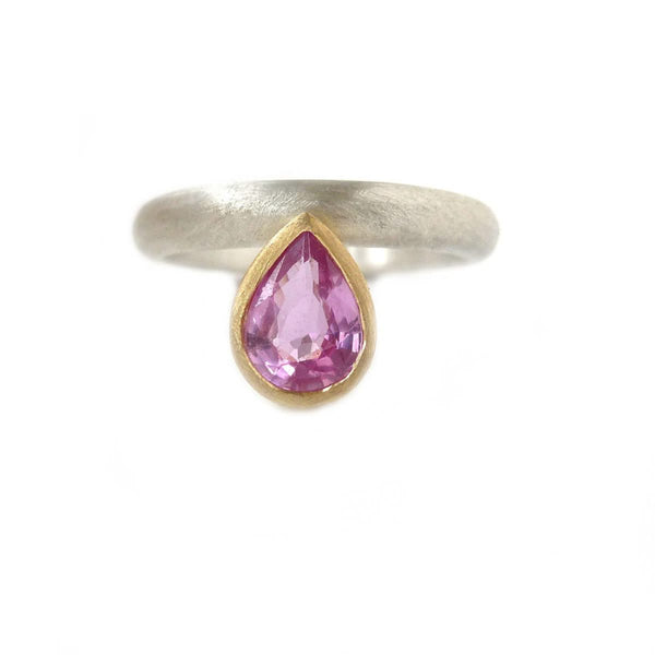 Unusual, unique, bespoke and modern statement gold and pear shape baby pink sapphire stacking ring set handmade by designer maker Sue Lane contemporary Jewellery, UK
