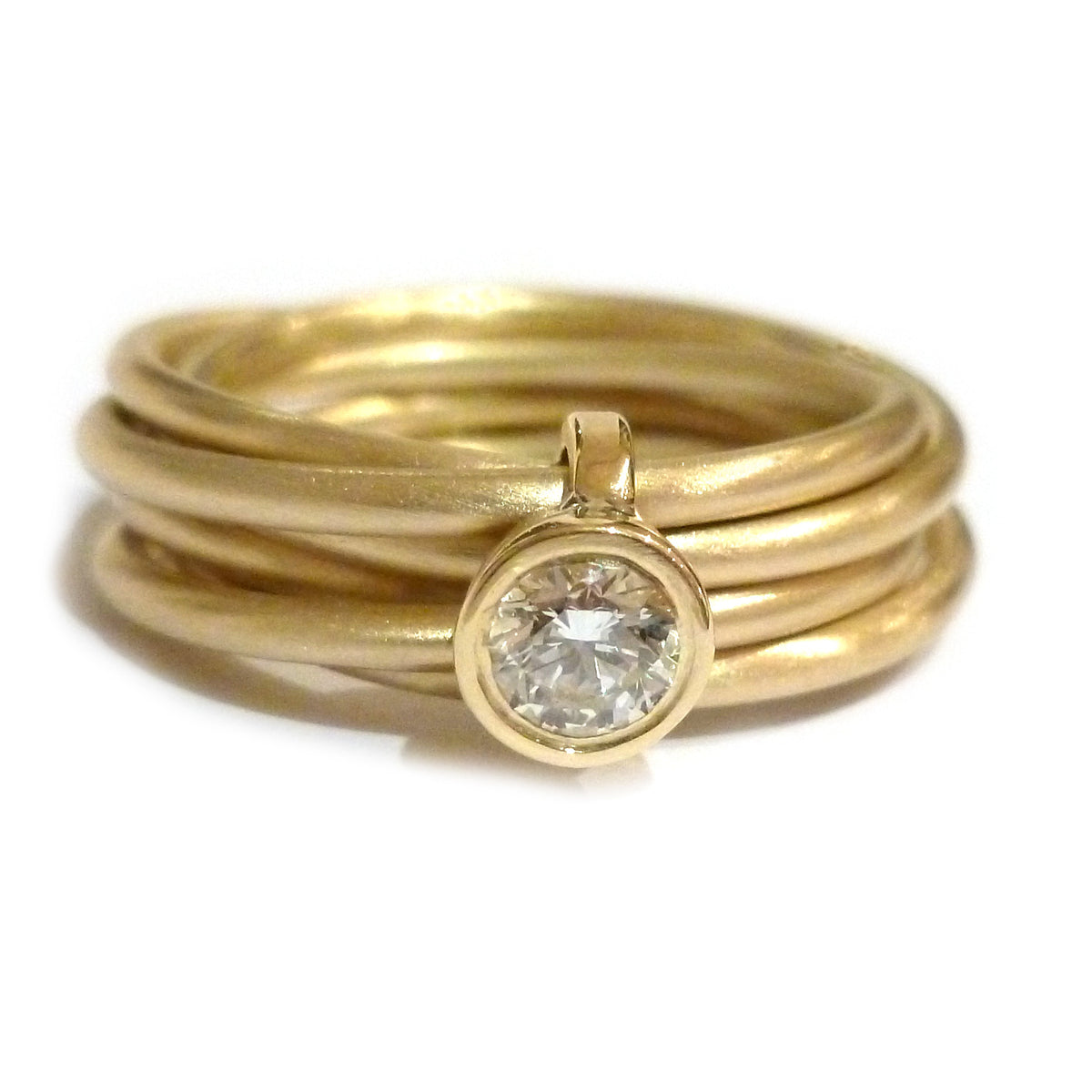 Contemporary, bespoke and modern 18k yellow gold russian style diamond wedding ring, commitment ring, eternity ring, brushed finish. Handmade by Sue Lane, UK. Unique engagement ring. Multi band ring or interlocking ring.