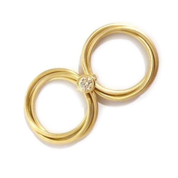 Contemporary, bespoke and modern 18k yellow gold russian style diamond wedding ring, commitment ring, eternity ring, brushed finish. Handmade by Sue Lane.  Unique engagement ring. Multi band ring or interlocking ring.