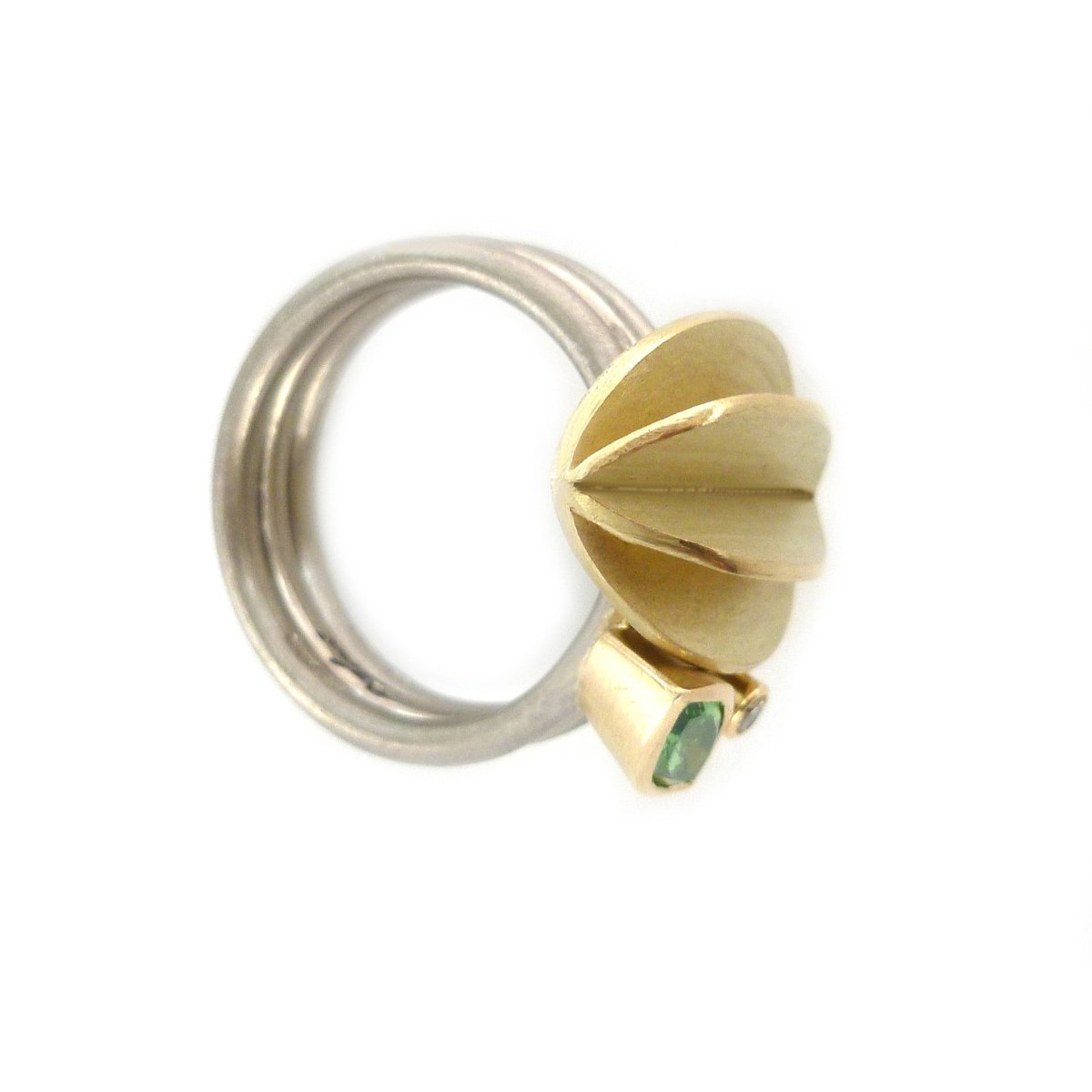 Contemporary and modern gold and mint garnet stacking ring handmade by Sue Lane, dress ring, anniversary ring, marquise, green garnet