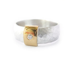 Contemporary and modern silver and 18k rose, yellow gold and diamond handmade ring with a brushed finish by Sue Lane jewellery. Men's wedding ring.