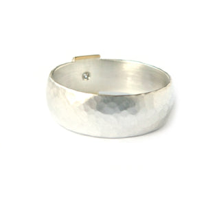 Contemporary and modern silver and 18k rose, yellow gold and diamond handmade ring with a brushed finish by Sue Lane jewellery. Men's wedding ring.