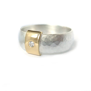Contemporary and modern silver and 18k rose, yellow gold and diamond handmade ring with a brushed finish by Sue Lane jewellery. Men's wedding ring.