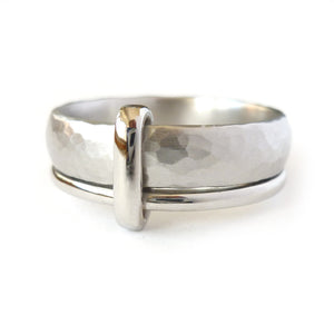 Contemporary, unique and modern platinum mens wedding ring or engagement ring, handmade by Sue Lane Jewellery. Bespoke ring can be made in different sizes. Multi band ring or interlocking ring, sometimes called double band ring too.