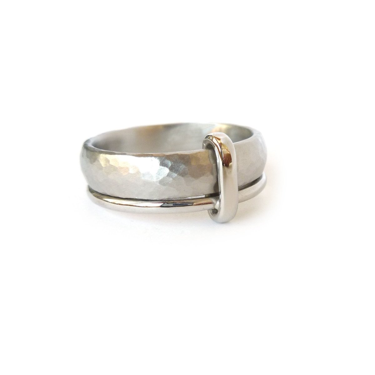 Contemporary, unique and modern platinum mens wedding ring or engagement ring, handmade by Sue Lane Jewellery. Bespoke ring can be made in different sizes. Multi band ring or interlocking ring, sometimes called double band ring too.