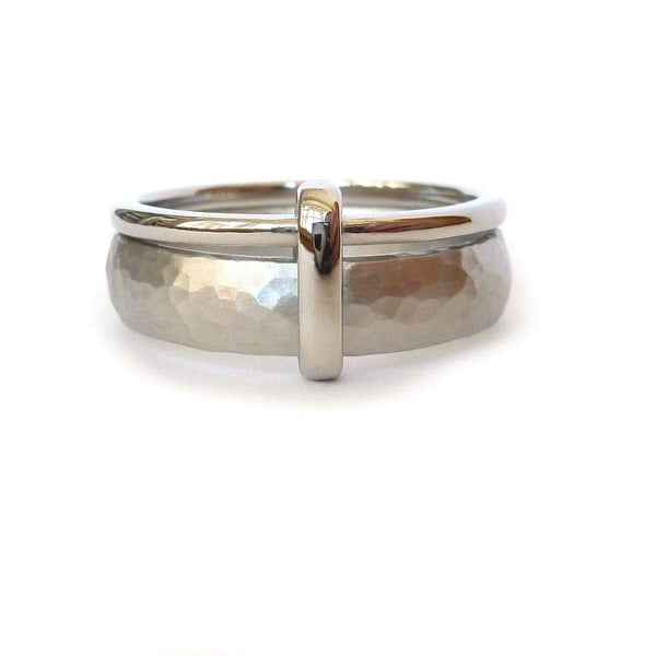 Contemporary, unique and modern platinum mens wedding ring or engagement ring, handmade by Sue Lane Jewellery. Bespoke ring can be made in different sizes. Multi band ring or interlocking ring, sometimes called double band ring too.