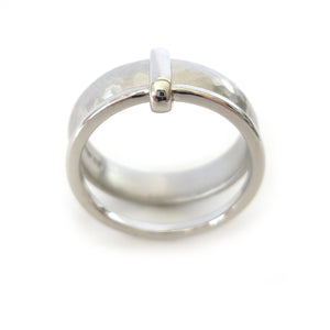 Contemporary, unique and modern platinum mens wedding ring or engagement ring, handmade by Sue Lane Jewellery. Bespoke ring can be made in different sizes. Multi band ring or interlocking ring, sometimes called double band ring too.