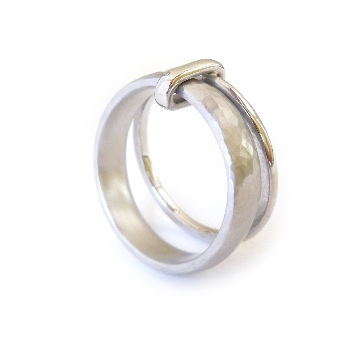 Contemporary, unique and modern platinum mens wedding ring or engagement ring, handmade by Sue Lane Jewellery. Bespoke ring can be made in different sizes. Multi band ring or interlocking ring, sometimes called double band ring too.