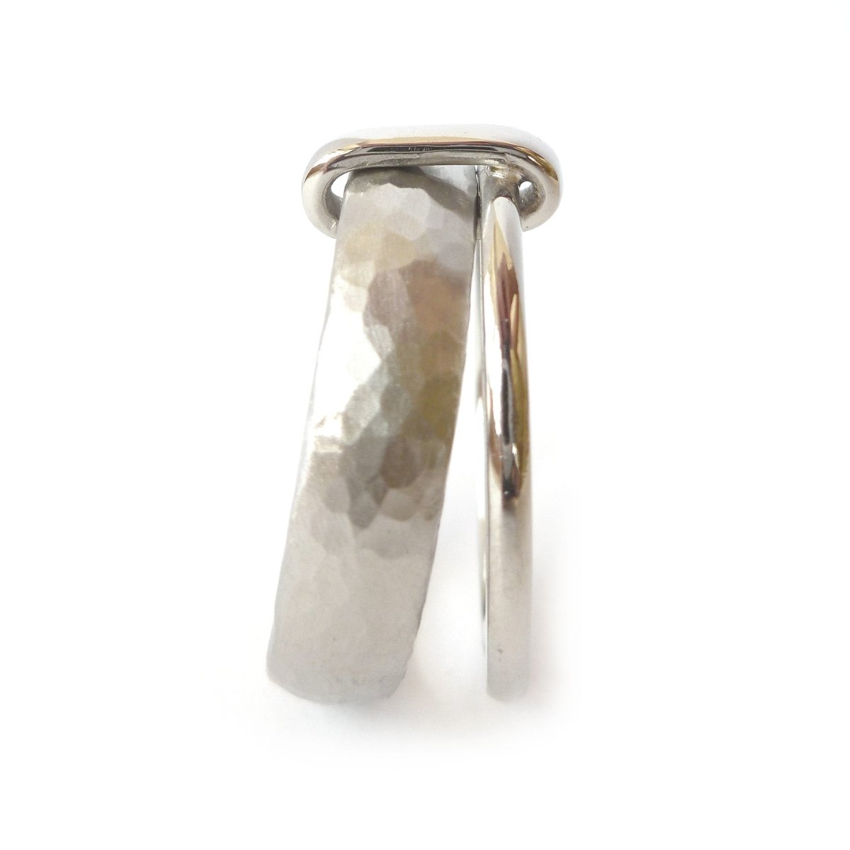 Contemporary, unique and modern platinum mens wedding ring or engagement ring, handmade by Sue Lane Jewellery. Bespoke ring can be made in different sizes. Multi band ring or interlocking ring, sometimes called double band ring too.