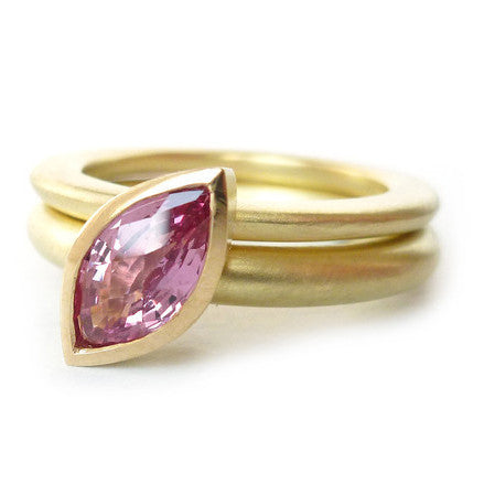 Unusual, unique, bespoke and modern statement gold and marquise pink sapphire stacking ring set handmade by designer maker Sue Lane contemporary Jewellery, UK