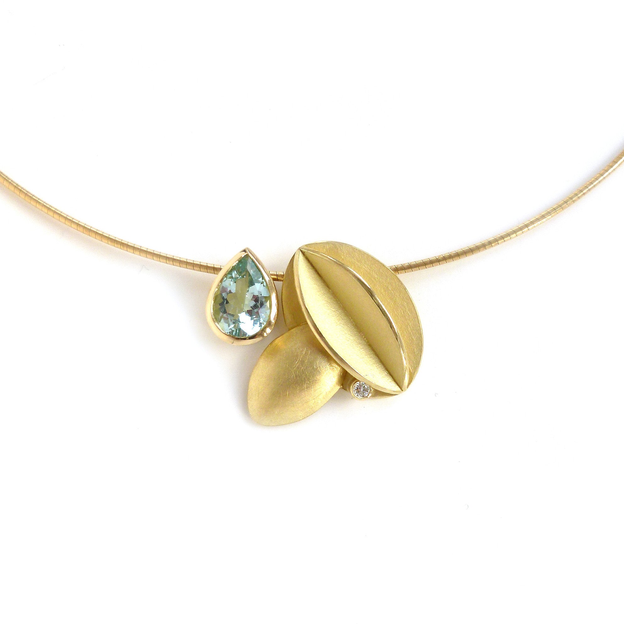 Contemporary bold and modern gold and aquamarine necklace handmade by designer maker Sue Lane Jewellery UK. Made to commission 