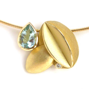 Contemporary bold and modern gold and aquamarine necklace handmade by designer maker Sue Lane Jewellery UK. Made to commission 