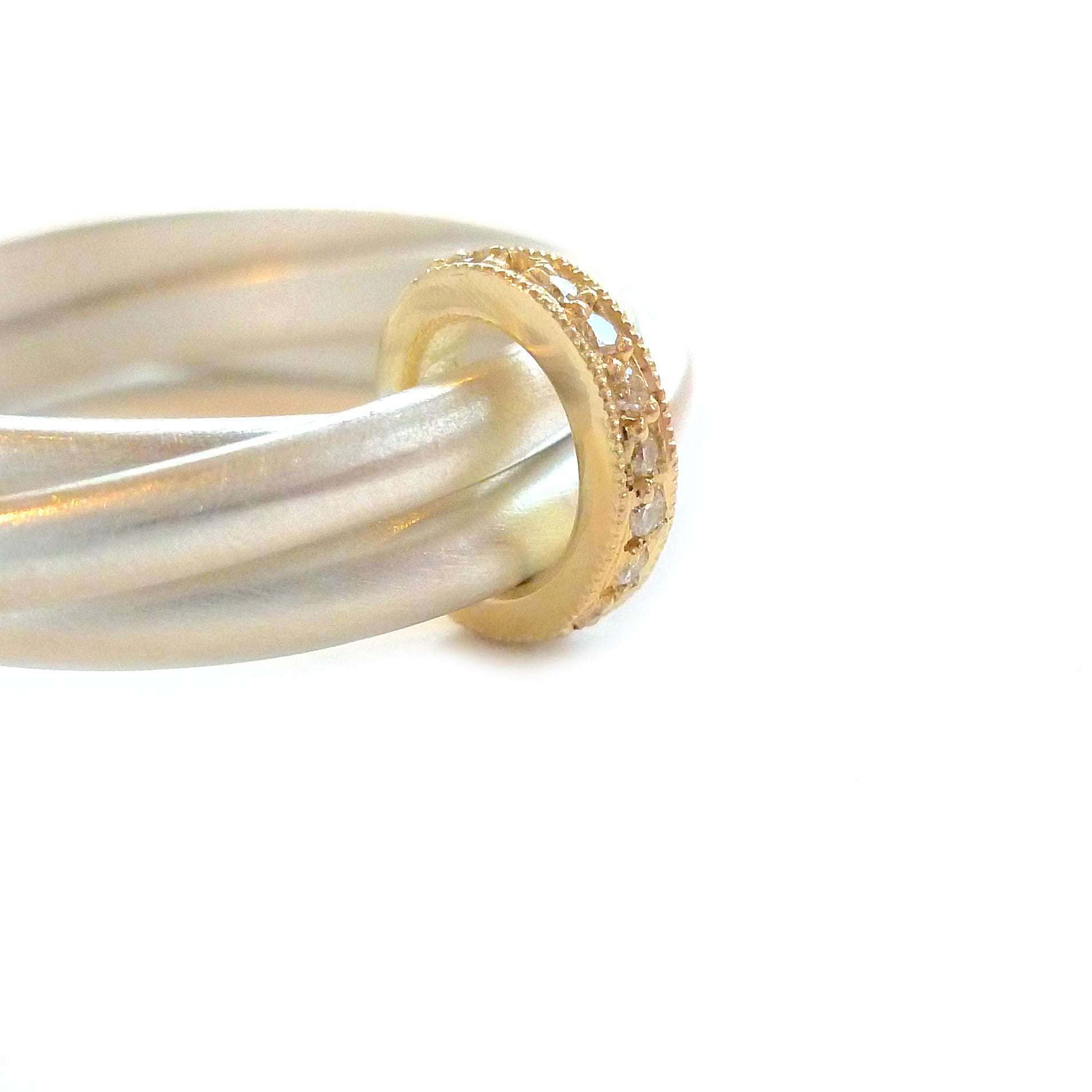 Unusual, unique, bespoke and modern 18k yellow gold, diamond and silver wedding ring, eternity ring, brushed finish. Handmade by Sue Lane in Herefordshire, UK