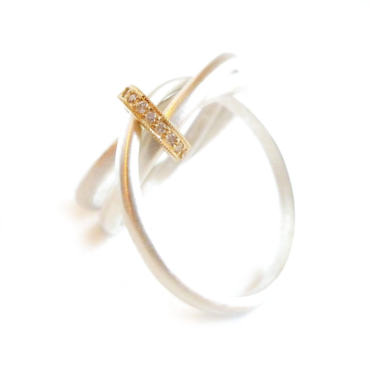 Unusual, unique, bespoke and modern 18k yellow gold, diamond and silver wedding ring, eternity ring, brushed finish. Handmade by Sue Lane in Herefordshire, UK