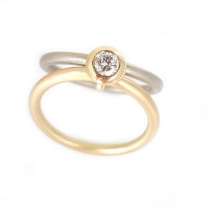 Contemporary, bespoke and modern 18k white and yellow gold two band stacking diamond wedding ring, engagement ring, matt brushed finish. Handmade by Sue Lane UK