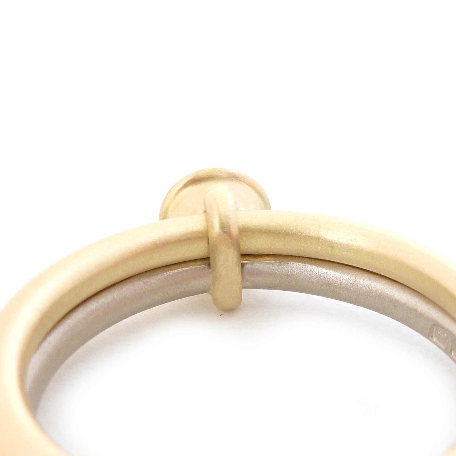 Contemporary, bespoke and modern 18k white and yellow gold two band stacking diamond wedding ring, engagement ring, matt brushed finish. Handmade by Sue Lane UK