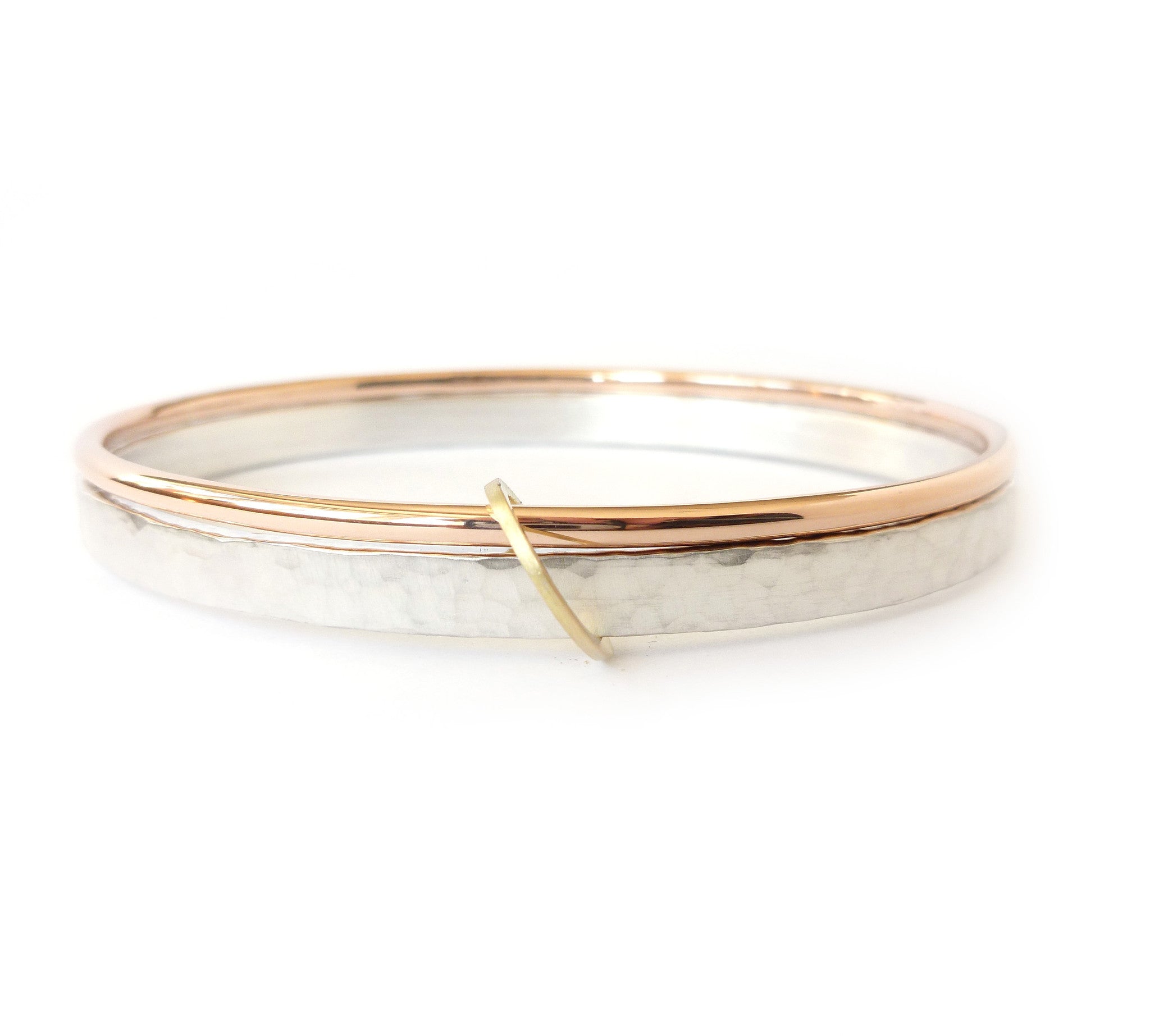 Unusual, unique, bespoke and modern three colour gold and silver bangle with brushed finish. Handmade by Sue Lane Contempoary Jewellery in Herefordshire, UK