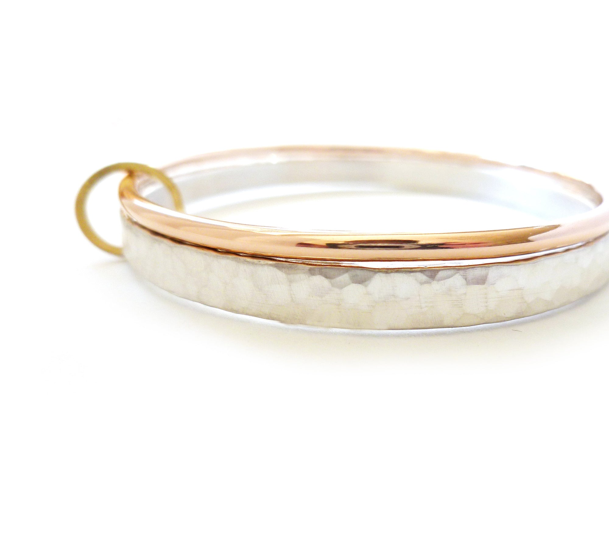 Unusual, unique, bespoke and modern three colour gold and silver bangle with brushed finish. Handmade by Sue Lane Contempoary Jewellery in Herefordshire, UK