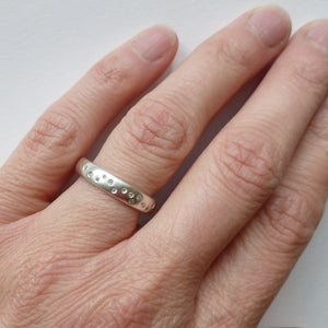 Unusual, unique, bespoke and modern silver and 12 diamond dress ring, wedding ring, eternity ring, engagement brushed finish. Handmade by Sue Lane Jewellery UK