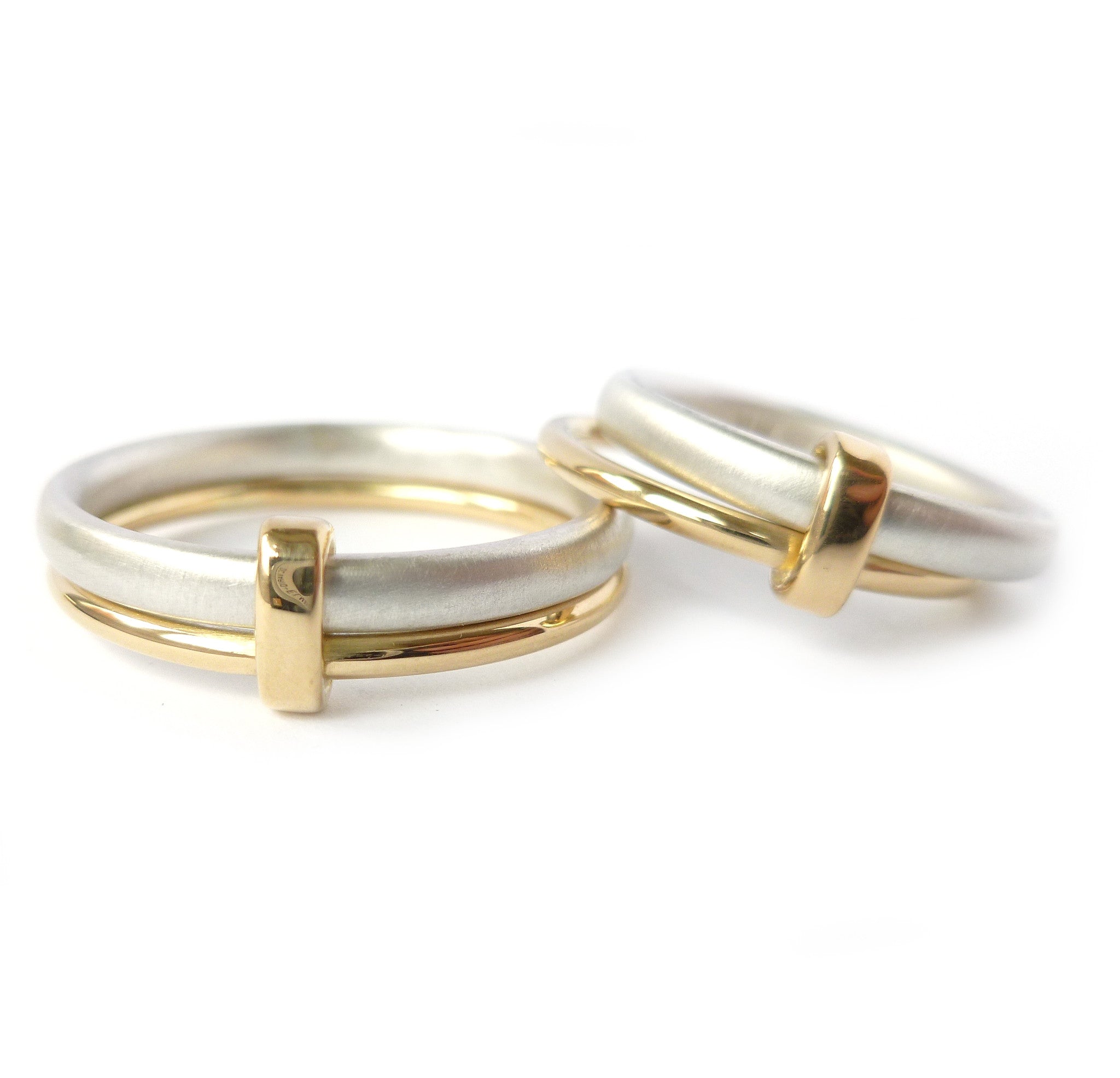 Unusual, unique, bespoke and modern women's/men’s wedding ring in silver and gold. Handmade by Sue Lane Jewellery in Herefordshire, UK. Unique wedding ring.