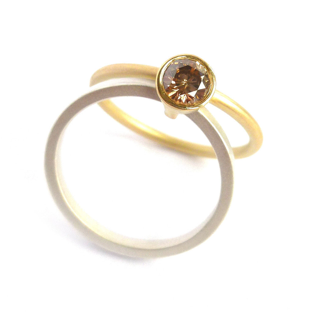 Unusual, unique, bespoke and modern two band silver, gold and brown diamond ring with a brushed finish. Handmade by Sue Lane Contemporary Jewellery, UK