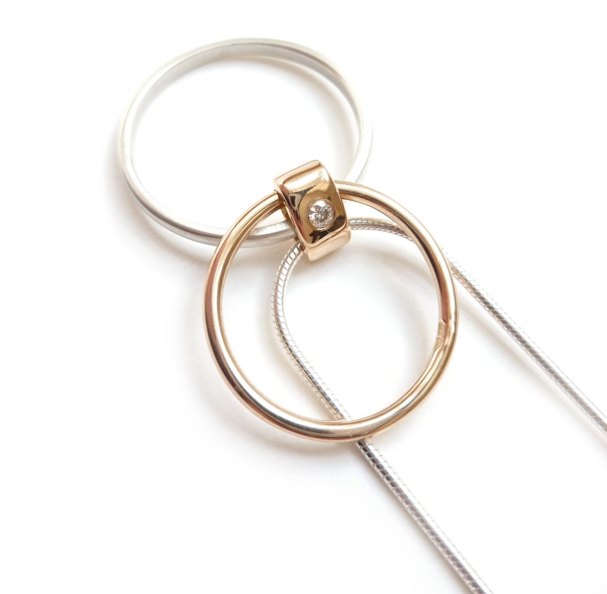 Contemporary Gold, Silver and Diamond Necklace - unique, bespoke by designer jewellery maker Sue Lane.